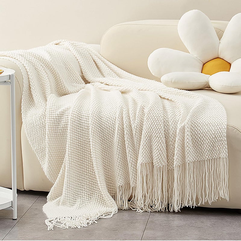 LOMAO Knitted Throw Blanket with Tassels Bubble Textured Lightweight Throws for Couch Cover Home Decor (Cream, 50x60) - Image 3